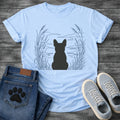 French Bulldog t-shirt with Frenchie silhouette seen from behind centered in a wide open navy line art botanical scene, tall reeds and cattails sweeping in from both sides, rippling water and distant mountain horizon ahead, no text refined nature illustration