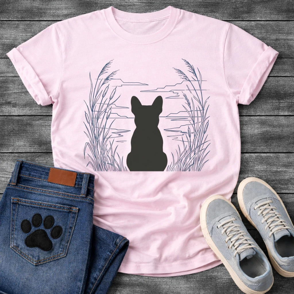 French Bulldog t-shirt with Frenchie silhouette seen from behind centered in a wide open navy line art botanical scene, tall reeds and cattails sweeping in from both sides, rippling water and distant mountain horizon ahead, no text refined nature illustration