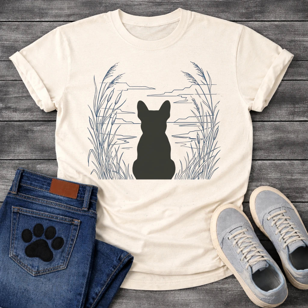 French Bulldog t-shirt with Frenchie silhouette seen from behind centered in a wide open navy line art botanical scene, tall reeds and cattails sweeping in from both sides, rippling water and distant mountain horizon ahead, no text refined nature illustration