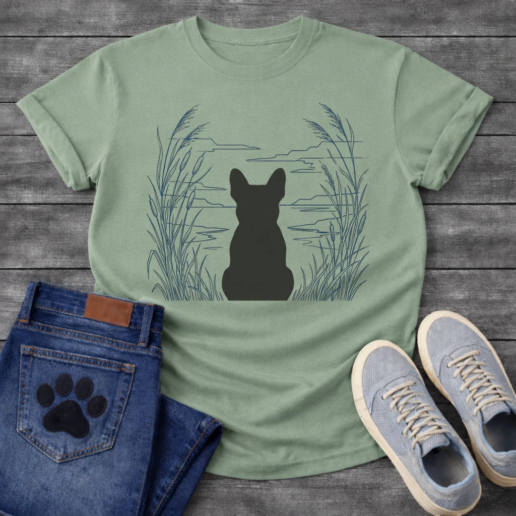 French Bulldog t-shirt with Frenchie silhouette seen from behind centered in a wide open navy line art botanical scene, tall reeds and cattails sweeping in from both sides, rippling water and distant mountain horizon ahead, no text refined nature illustration