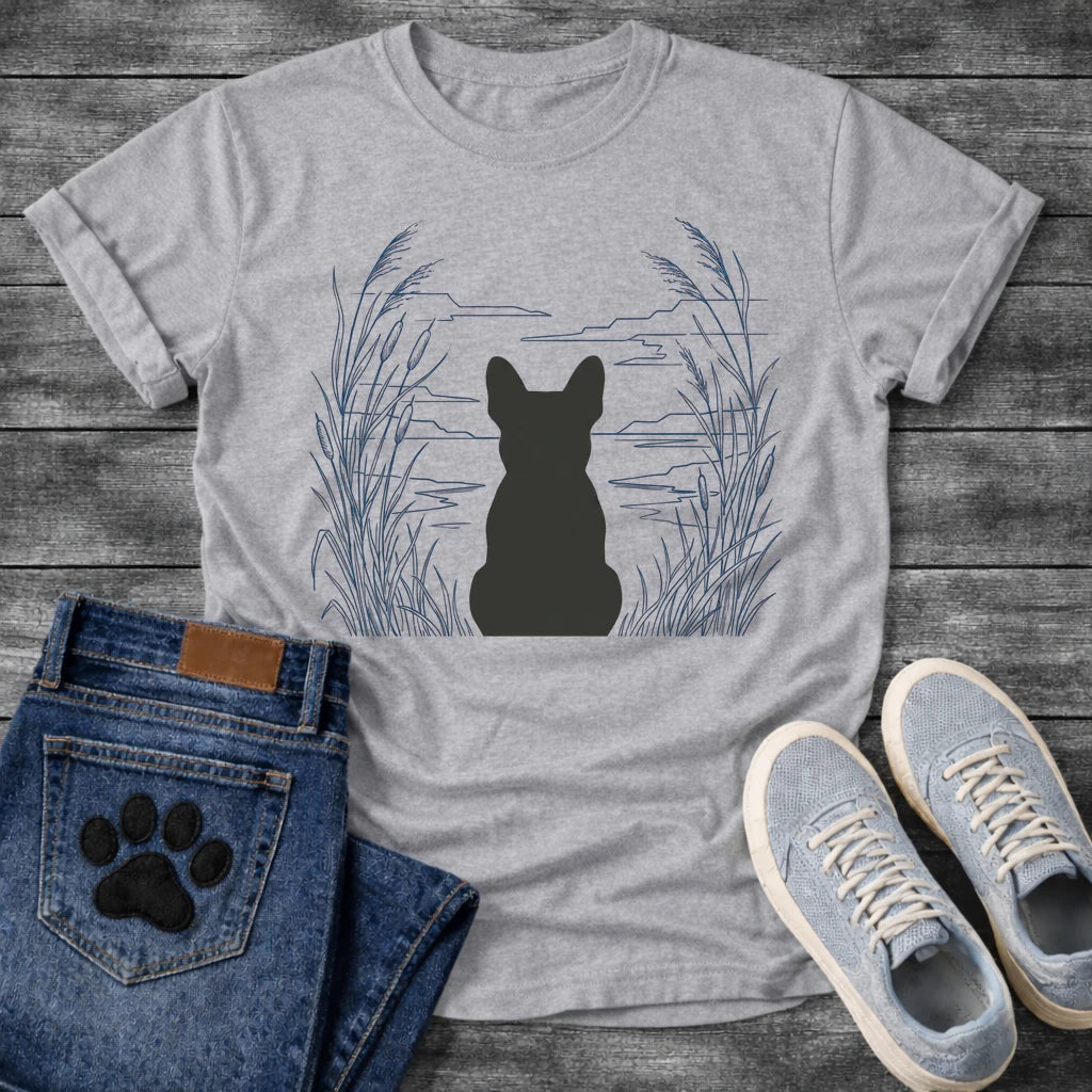 French Bulldog t-shirt with Frenchie silhouette seen from behind centered in a wide open navy line art botanical scene, tall reeds and cattails sweeping in from both sides, rippling water and distant mountain horizon ahead, no text refined nature illustration