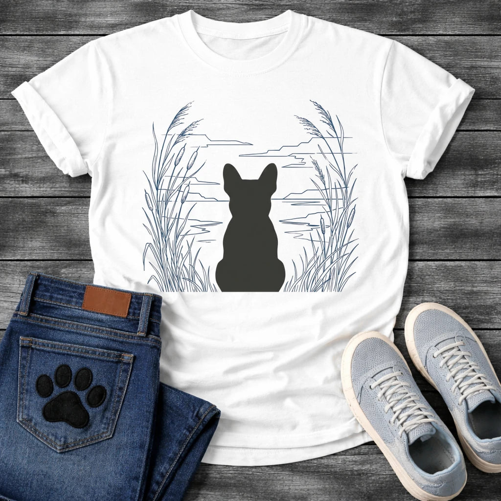 French Bulldog t-shirt with Frenchie silhouette seen from behind centered in a wide open navy line art botanical scene, tall reeds and cattails sweeping in from both sides, rippling water and distant mountain horizon ahead, no text refined nature illustration