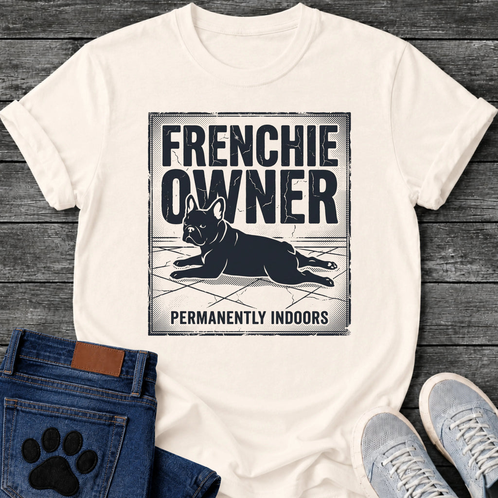 French Bulldog t-shirt with vintage distressed poster frame, bold oversized text reading Frenchie Owner above a splooting Frenchie lying flat on tile floor, bold banner text below reading Permanently Indoors, single dark ink halftone graphic with heavy crackle texture