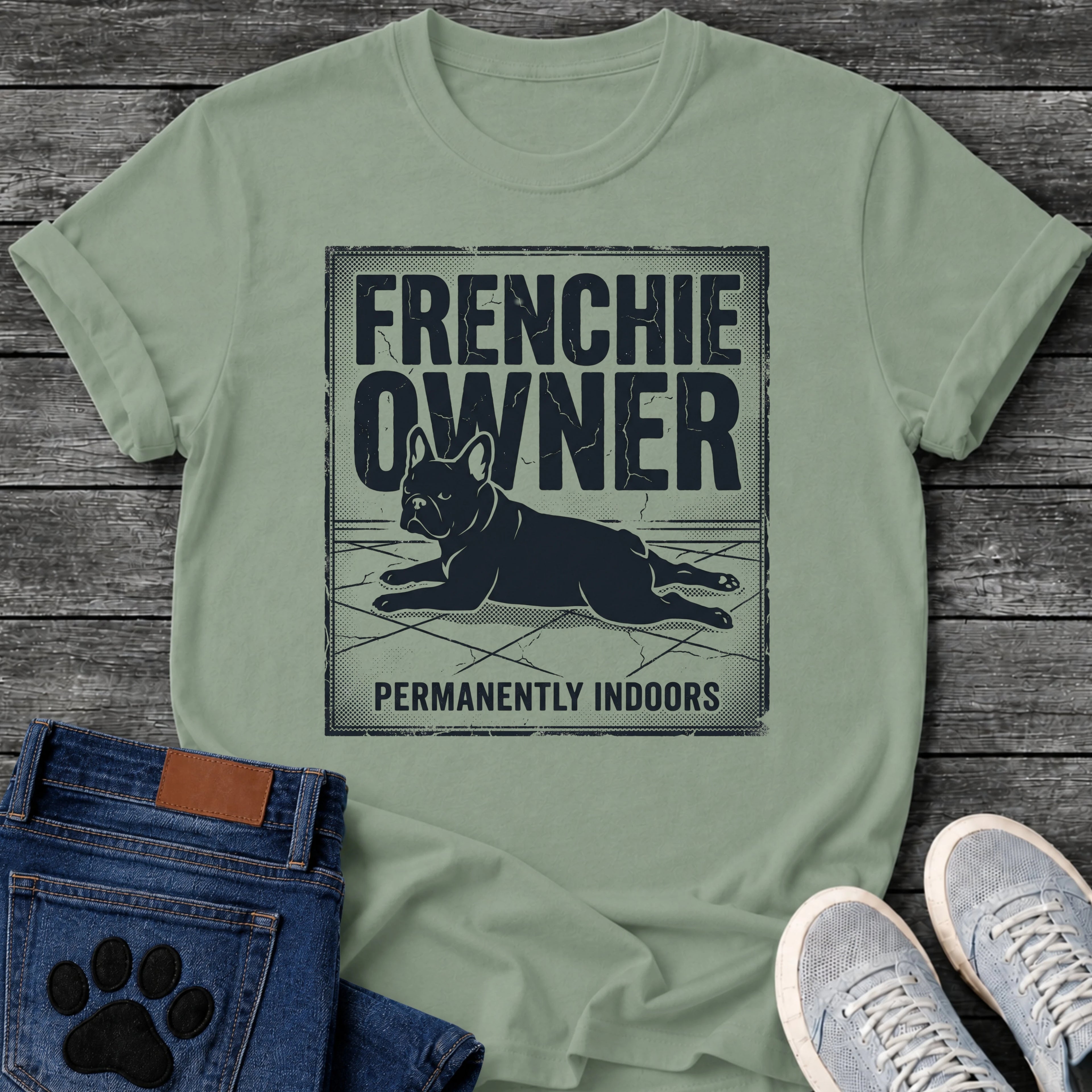French Bulldog t-shirt with vintage distressed poster frame, bold oversized text reading Frenchie Owner above a splooting Frenchie lying flat on tile floor, bold banner text below reading Permanently Indoors, single dark ink halftone graphic with heavy crackle texture
