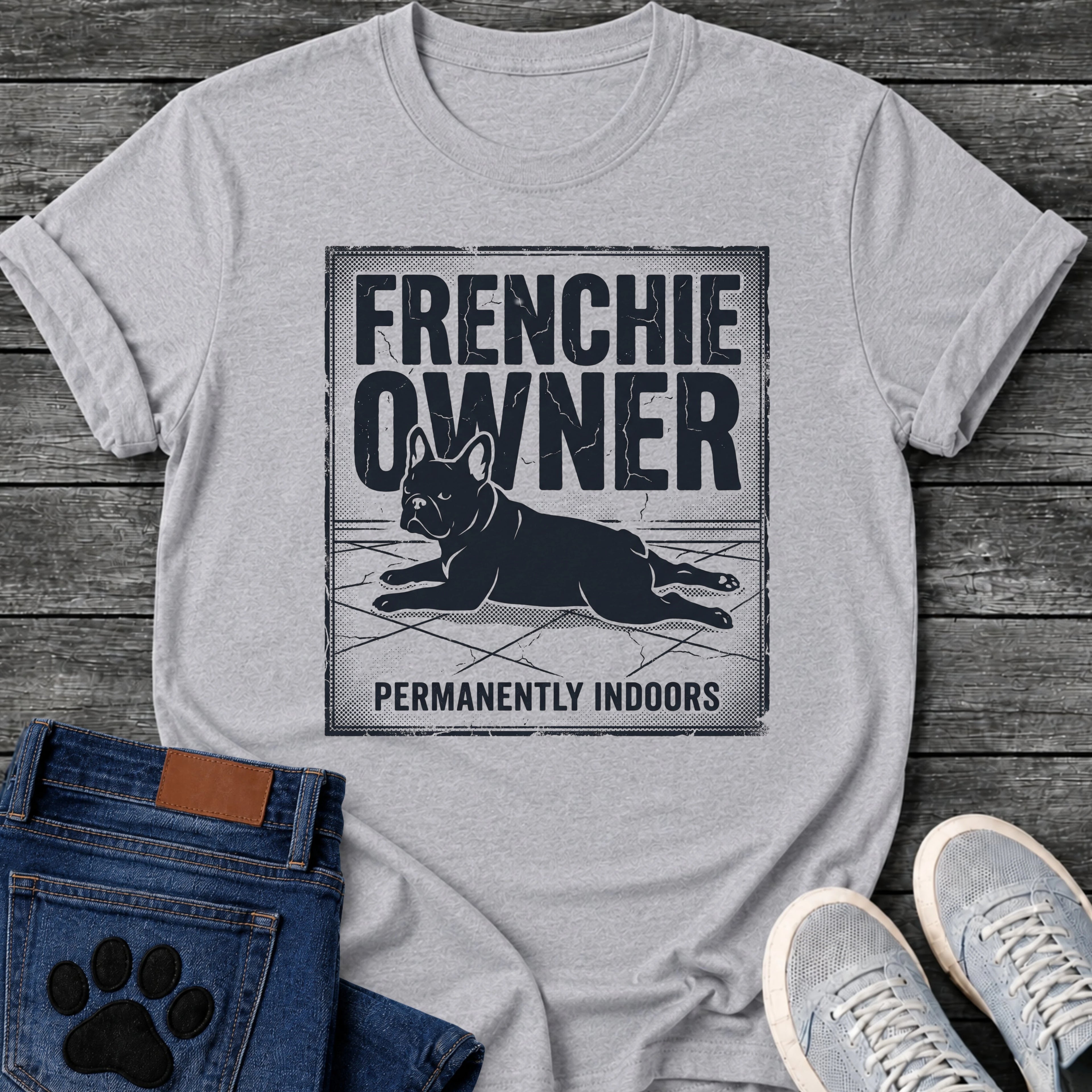 French Bulldog t-shirt with vintage distressed poster frame, bold oversized text reading Frenchie Owner above a splooting Frenchie lying flat on tile floor, bold banner text below reading Permanently Indoors, single dark ink halftone graphic with heavy crackle texture