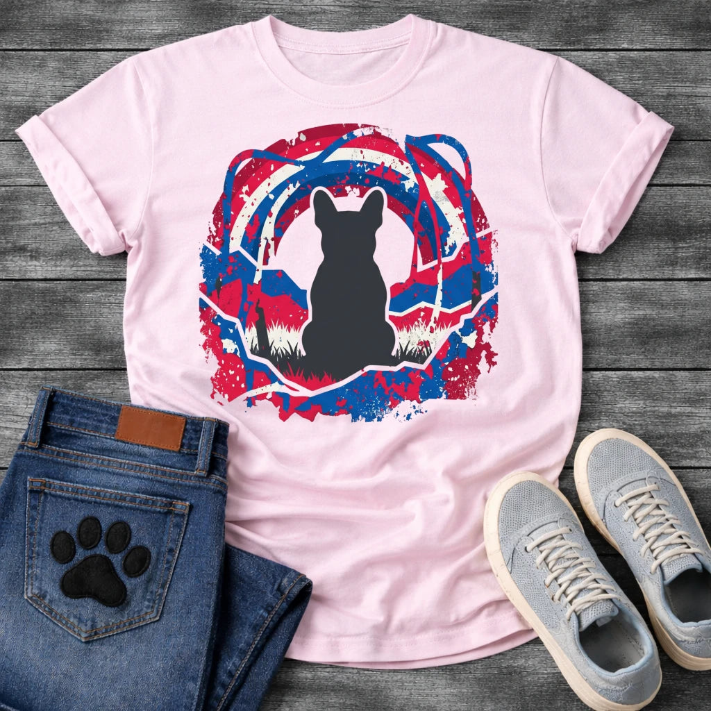 French Bulldog t-shirt with Frenchie silhouette seen from behind sitting in grass, centered in a bold distressed red white and blue swirling circular composition with heavy paint splatter throughout, no text patriotic art graphic