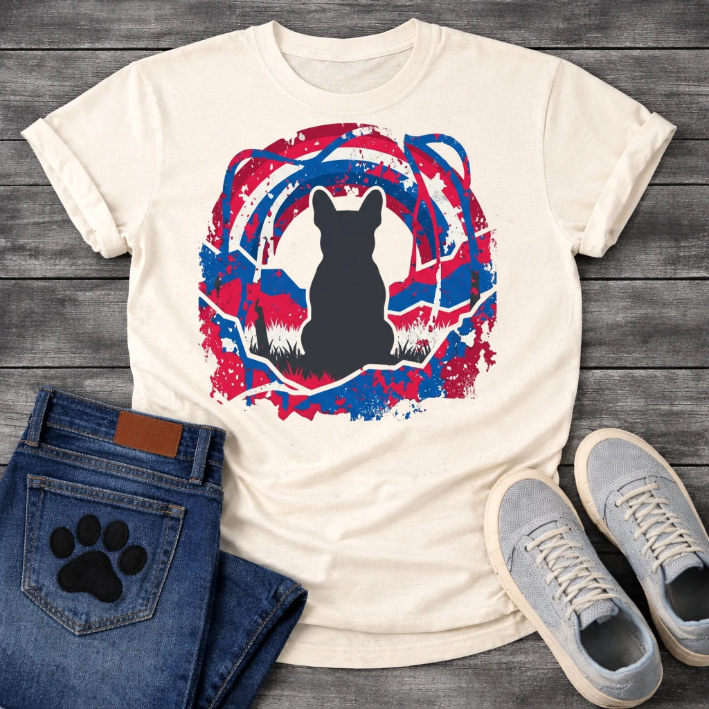 French Bulldog t-shirt with Frenchie silhouette seen from behind sitting in grass, centered in a bold distressed red white and blue swirling circular composition with heavy paint splatter throughout, no text patriotic art graphic