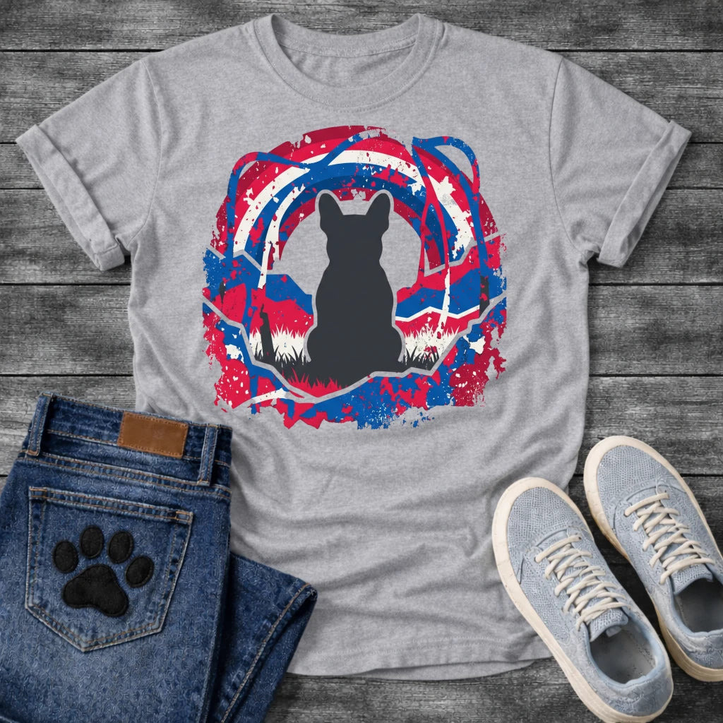 French Bulldog t-shirt with Frenchie silhouette seen from behind sitting in grass, centered in a bold distressed red white and blue swirling circular composition with heavy paint splatter throughout, no text patriotic art graphic