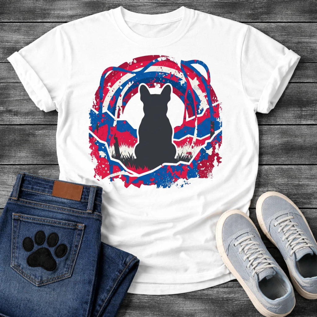 French Bulldog t-shirt with Frenchie silhouette seen from behind sitting in grass, centered in a bold distressed red white and blue swirling circular composition with heavy paint splatter throughout, no text patriotic art graphic