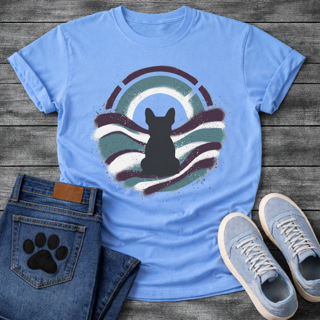 French Bulldog t-shirt with Frenchie silhouette seen from behind inside a circular spray paint composition, teal and deep plum wavy bands with splatter texture, warm circle glow behind the head, segmented arch above, no text street art graphic
