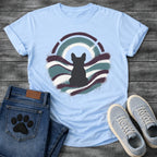 French Bulldog t-shirt with Frenchie silhouette seen from behind inside a circular spray paint composition, teal and deep plum wavy bands with splatter texture, warm circle glow behind the head, segmented arch above, no text street art graphic
