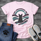 French Bulldog t-shirt with Frenchie silhouette seen from behind inside a circular spray paint composition, teal and deep plum wavy bands with splatter texture, warm circle glow behind the head, segmented arch above, no text street art graphic
