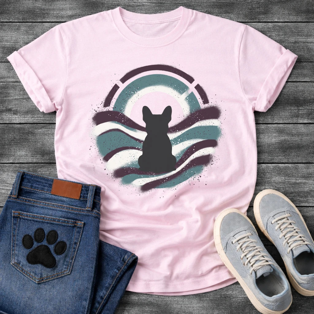 French Bulldog t-shirt with Frenchie silhouette seen from behind inside a circular spray paint composition, teal and deep plum wavy bands with splatter texture, warm circle glow behind the head, segmented arch above, no text street art graphic
