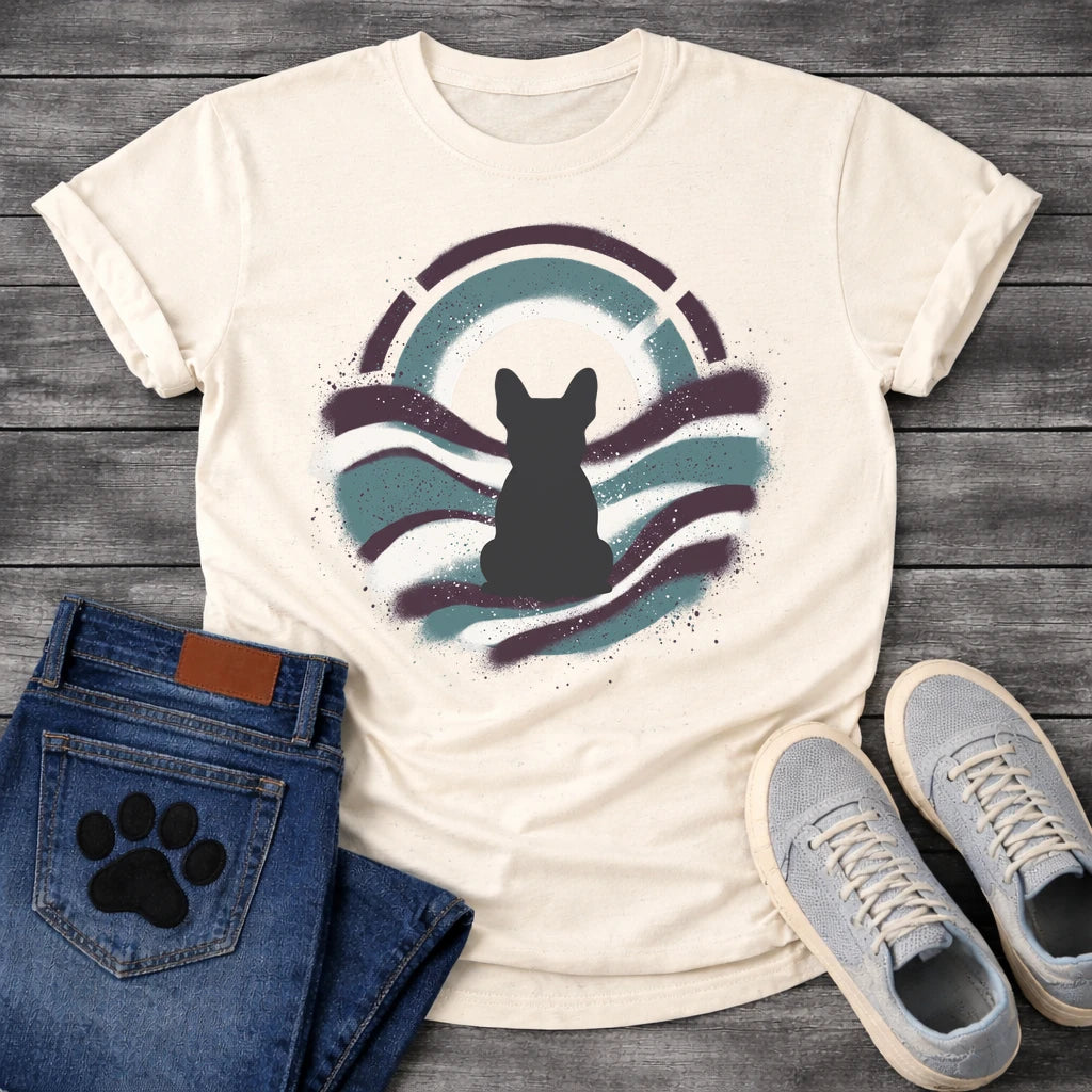 French Bulldog t-shirt with Frenchie silhouette seen from behind inside a circular spray paint composition, teal and deep plum wavy bands with splatter texture, warm circle glow behind the head, segmented arch above, no text street art graphic
