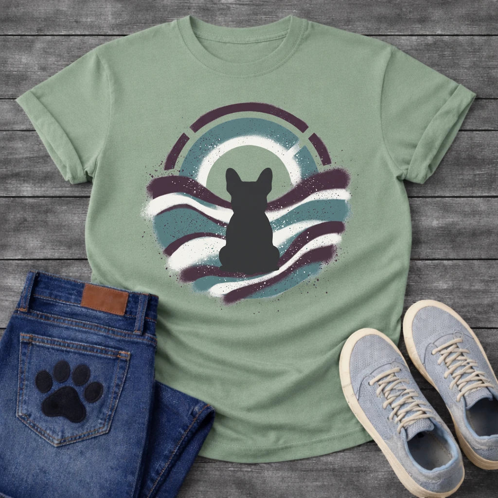 French Bulldog t-shirt with Frenchie silhouette seen from behind inside a circular spray paint composition, teal and deep plum wavy bands with splatter texture, warm circle glow behind the head, segmented arch above, no text street art graphic
