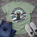 French Bulldog t-shirt with Frenchie silhouette seen from behind inside a circular spray paint composition, teal and deep plum wavy bands with splatter texture, warm circle glow behind the head, segmented arch above, no text street art graphic
