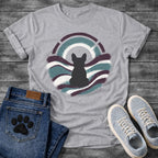 French Bulldog t-shirt with Frenchie silhouette seen from behind inside a circular spray paint composition, teal and deep plum wavy bands with splatter texture, warm circle glow behind the head, segmented arch above, no text street art graphic
