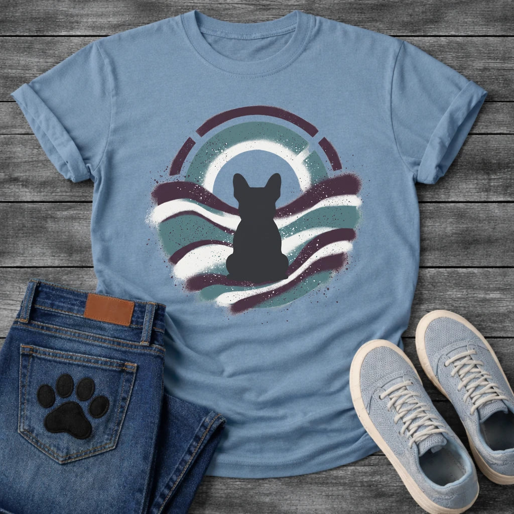 French Bulldog t-shirt with Frenchie silhouette seen from behind inside a circular spray paint composition, teal and deep plum wavy bands with splatter texture, warm circle glow behind the head, segmented arch above, no text street art graphic
