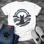 French Bulldog t-shirt with Frenchie silhouette seen from behind inside a circular spray paint composition, teal and deep plum wavy bands with splatter texture, warm circle glow behind the head, segmented arch above, no text street art graphic
