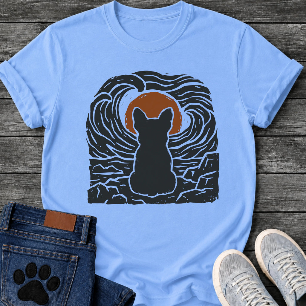 French Bulldog t-shirt with Frenchie silhouette seen from behind sitting on cracked rock, bold swirling woodcut style sky in black and cream surrounding a terracotta moon, heavy linocut print texture throughout, no text dramatic art graphic
