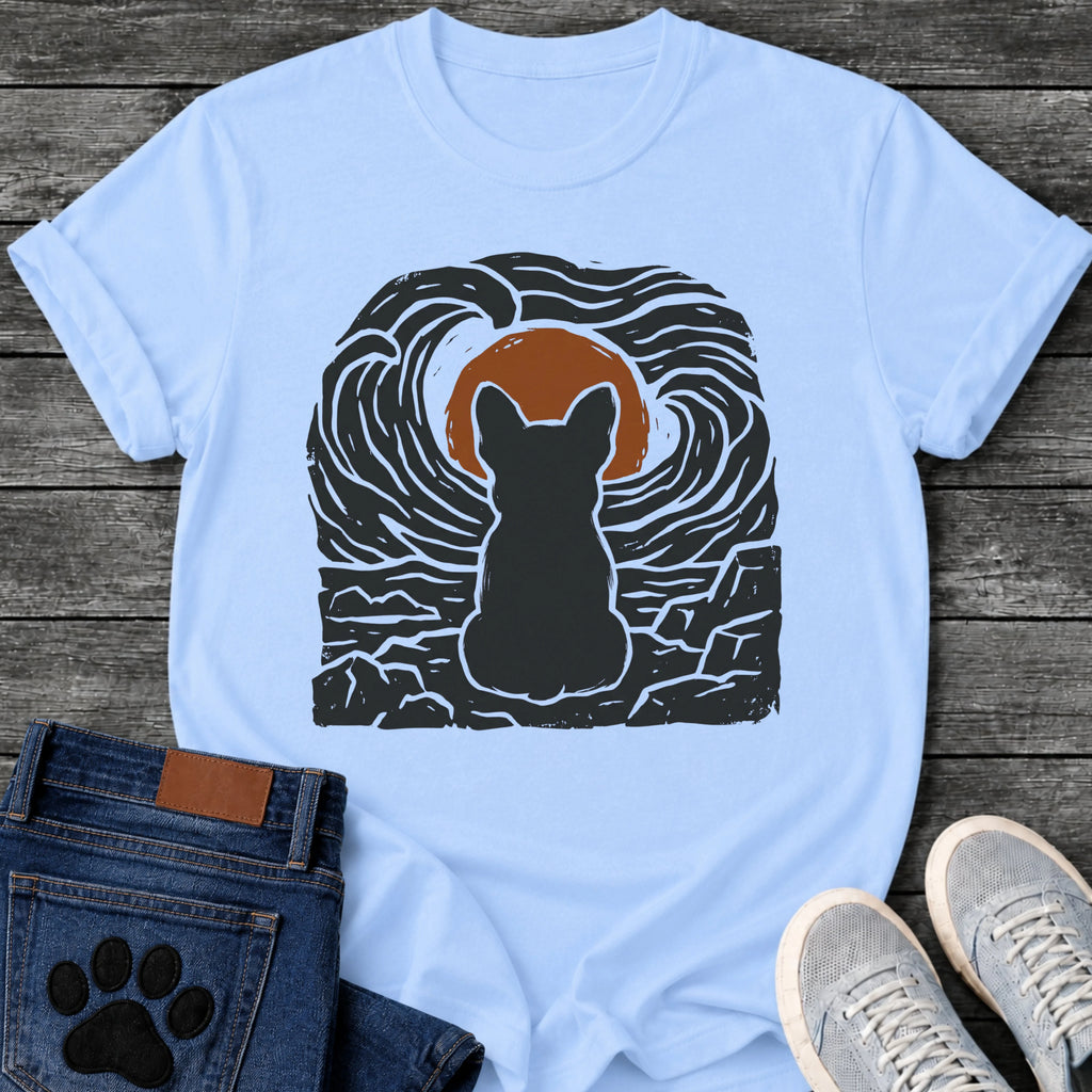 French Bulldog t-shirt with Frenchie silhouette seen from behind sitting on cracked rock, bold swirling woodcut style sky in black and cream surrounding a terracotta moon, heavy linocut print texture throughout, no text dramatic art graphic
