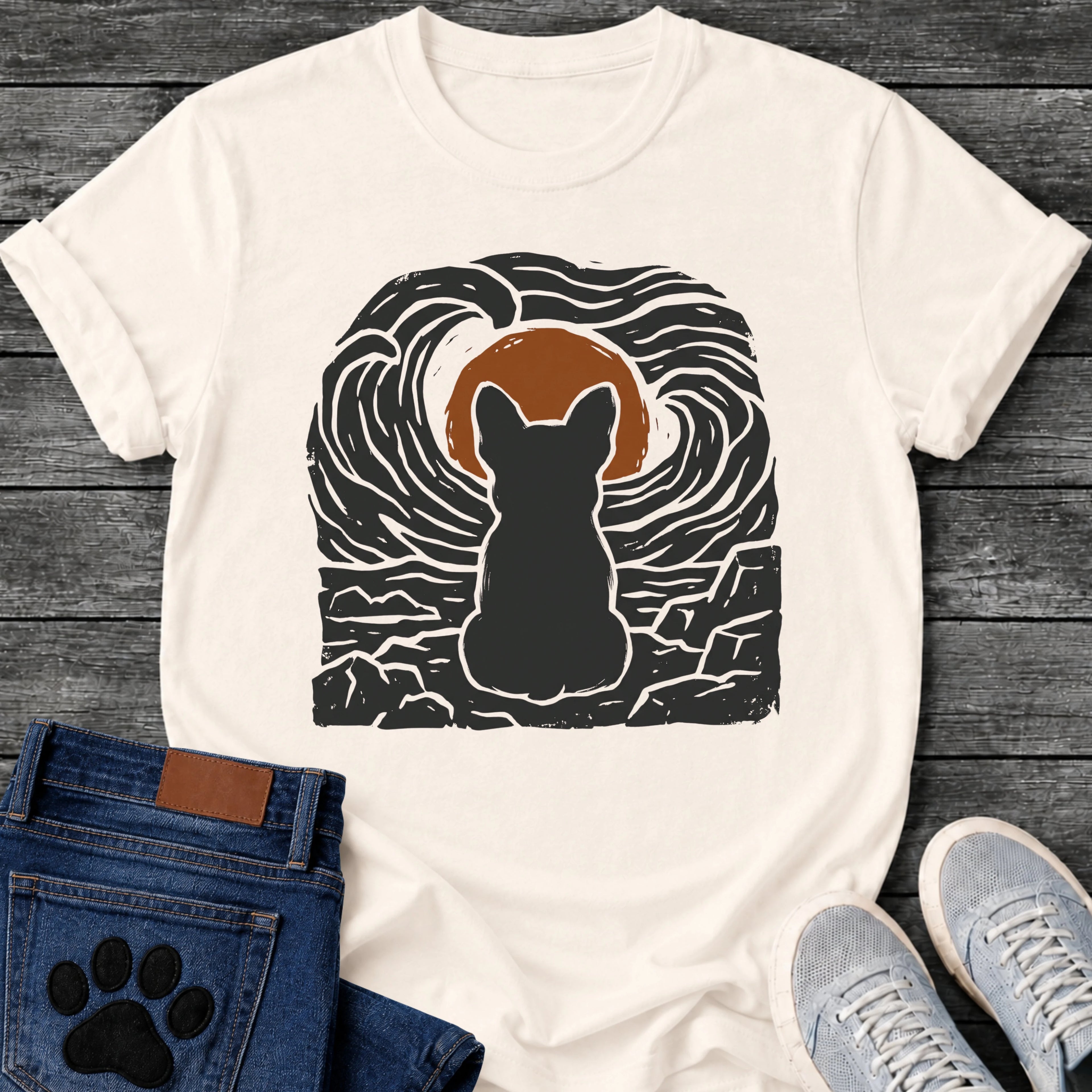 NaturalFrench Bulldog t-shirt with Frenchie silhouette seen from behind sitting on cracked rock, bold swirling woodcut style sky in black and cream surrounding a terracotta moon, heavy linocut print texture throughout, no text dramatic art graphic

