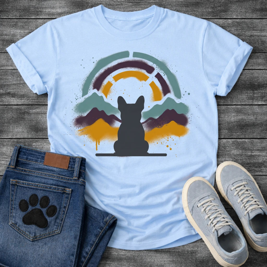 French Bulldog t-shirt with Frenchie silhouette seen from behind on a baseline, spray paint mountain landscape in deep plum teal and gold behind, segmented stencil arch above, ink splatter throughout, no text urban nature art graphic