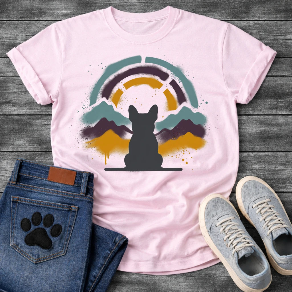 French Bulldog t-shirt with Frenchie silhouette seen from behind on a baseline, spray paint mountain landscape in deep plum teal and gold behind, segmented stencil arch above, ink splatter throughout, no text urban nature art graphic
