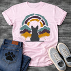 French Bulldog t-shirt with Frenchie silhouette seen from behind on a baseline, spray paint mountain landscape in deep plum teal and gold behind, segmented stencil arch above, ink splatter throughout, no text urban nature art graphic