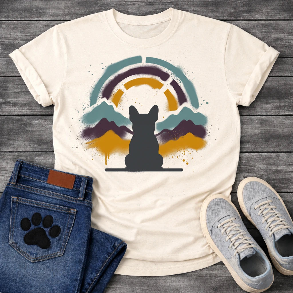 French Bulldog t-shirt with Frenchie silhouette seen from behind on a baseline, spray paint mountain landscape in deep plum teal and gold behind, segmented stencil arch above, ink splatter throughout, no text urban nature art graphic