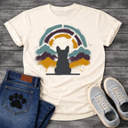 French Bulldog t-shirt with Frenchie silhouette seen from behind on a baseline, spray paint mountain landscape in deep plum teal and gold behind, segmented stencil arch above, ink splatter throughout, no text urban nature art graphic
