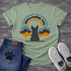 French Bulldog t-shirt with Frenchie silhouette seen from behind on a baseline, spray paint mountain landscape in deep plum teal and gold behind, segmented stencil arch above, ink splatter throughout, no text urban nature art graphic