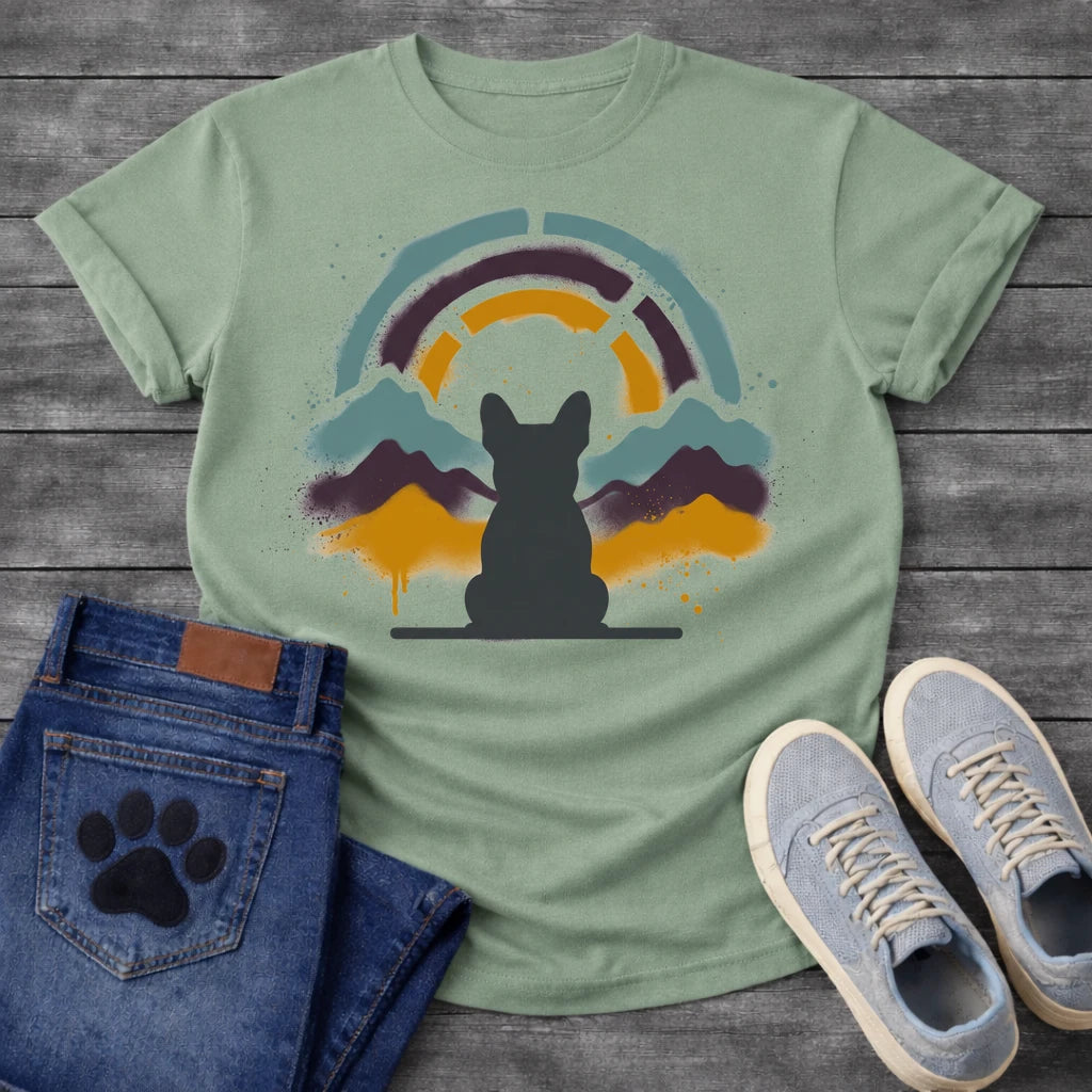 French Bulldog t-shirt with Frenchie silhouette seen from behind on a baseline, spray paint mountain landscape in deep plum teal and gold behind, segmented stencil arch above, ink splatter throughout, no text urban nature art graphic