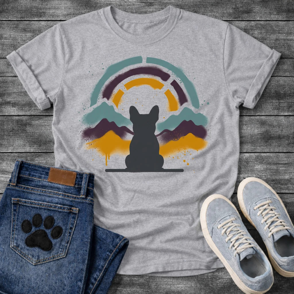 French Bulldog t-shirt with Frenchie silhouette seen from behind on a baseline, spray paint mountain landscape in deep plum teal and gold behind, segmented stencil arch above, ink splatter throughout, no text urban nature art graphic