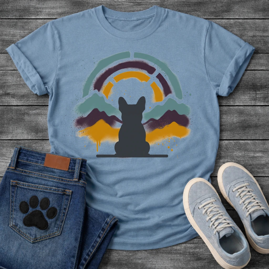 French Bulldog t-shirt with Frenchie silhouette seen from behind on a baseline, spray paint mountain landscape in deep plum teal and gold behind, segmented stencil arch above, ink splatter throughout, no text urban nature art graphic