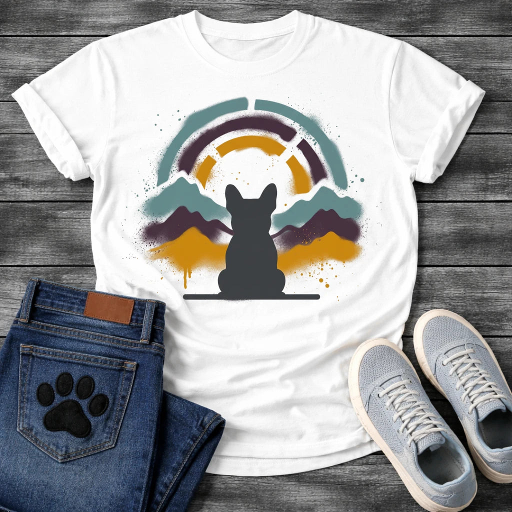 French Bulldog t-shirt with Frenchie silhouette seen from behind on a baseline, spray paint mountain landscape in deep plum teal and gold behind, segmented stencil arch above, ink splatter throughout, no text urban nature art graphic