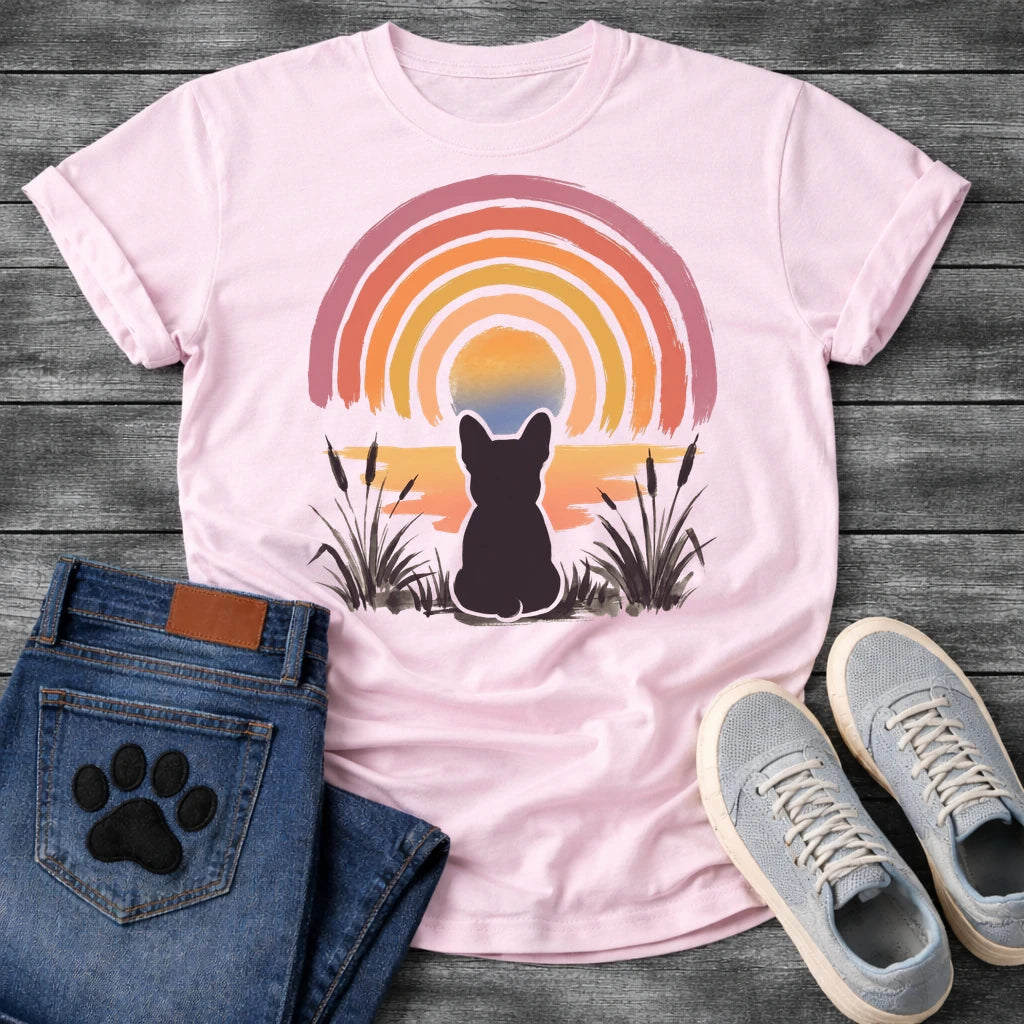 French Bulldog t-shirt with Frenchie silhouette seen from behind sitting in ink wash grass and cattails, soft watercolor sunset glow below, concentric brushstroke rainbow arch above in lavender coral orange and gold, no text painterly watercolor art graphic