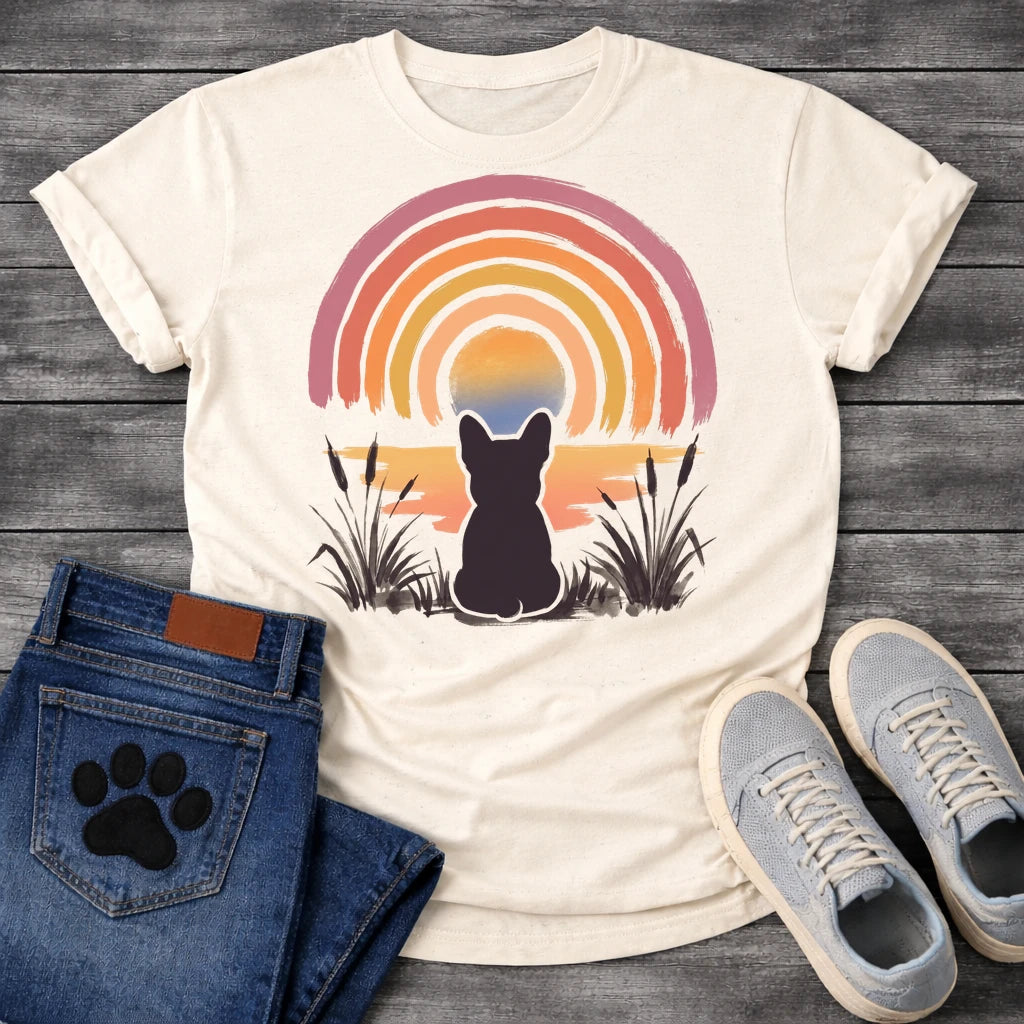 French Bulldog t-shirt with Frenchie silhouette seen from behind sitting in ink wash grass and cattails, soft watercolor sunset glow below, concentric brushstroke rainbow arch above in lavender coral orange and gold, no text painterly watercolor art graphic