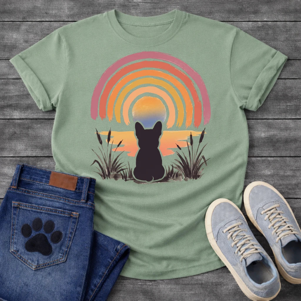 SageFrench Bulldog t-shirt with Frenchie silhouette seen from behind sitting in ink wash grass and cattails, soft watercolor sunset glow below, concentric brushstroke rainbow arch above in lavender coral orange and gold, no text painterly watercolor art graphic