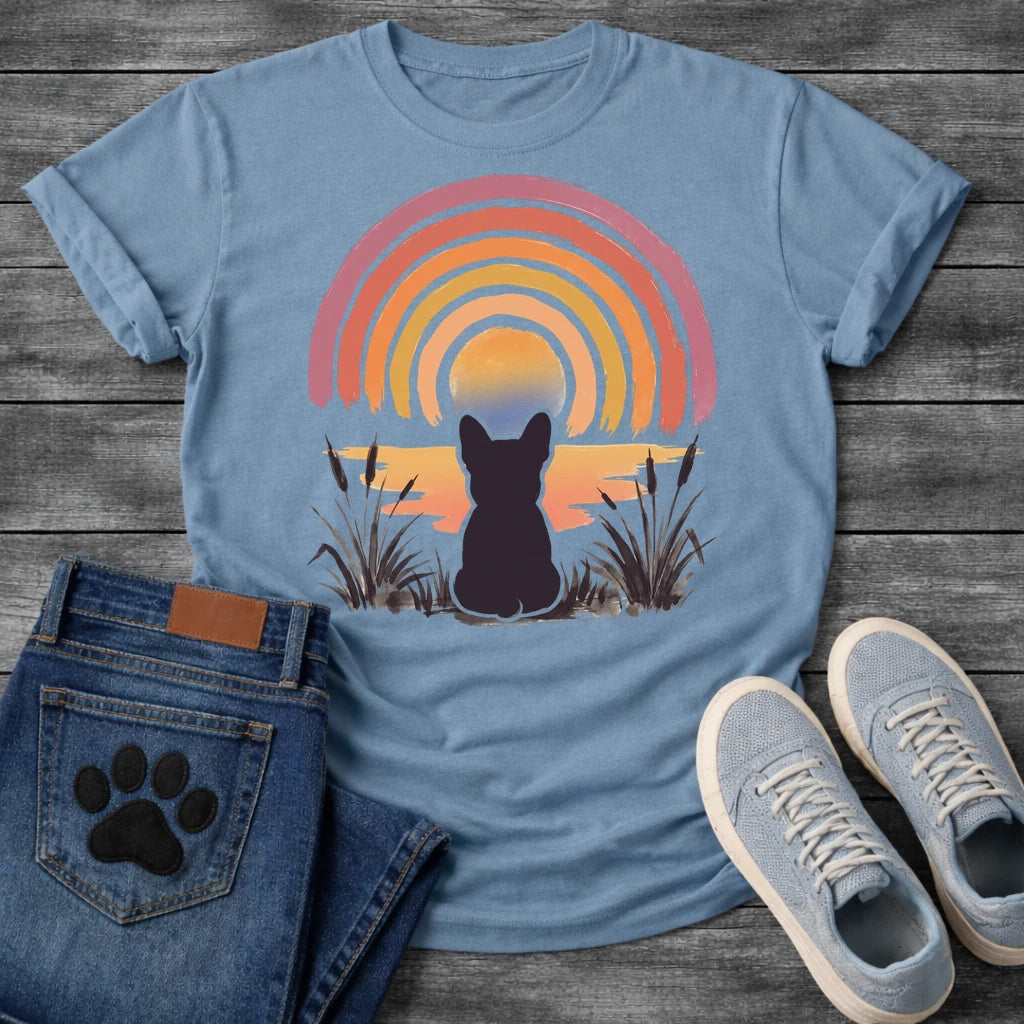 French Bulldog t-shirt with Frenchie silhouette seen from behind sitting in ink wash grass and cattails, soft watercolor sunset glow below, concentric brushstroke rainbow arch above in lavender coral orange and gold, no text painterly watercolor art graphic