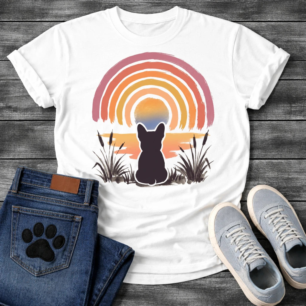 French Bulldog t-shirt with Frenchie silhouette seen from behind sitting in ink wash grass and cattails, soft watercolor sunset glow below, concentric brushstroke rainbow arch above in lavender coral orange and gold, no text painterly watercolor art graphic