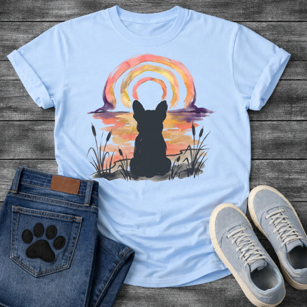 French Bulldog t-shirt with Frenchie silhouette seen from behind in ink wash cattails and grass, full watercolor sunset in coral gold and deep purple behind, loose concentric brushstroke rainbow arch above, no text painterly watercolor art graphic