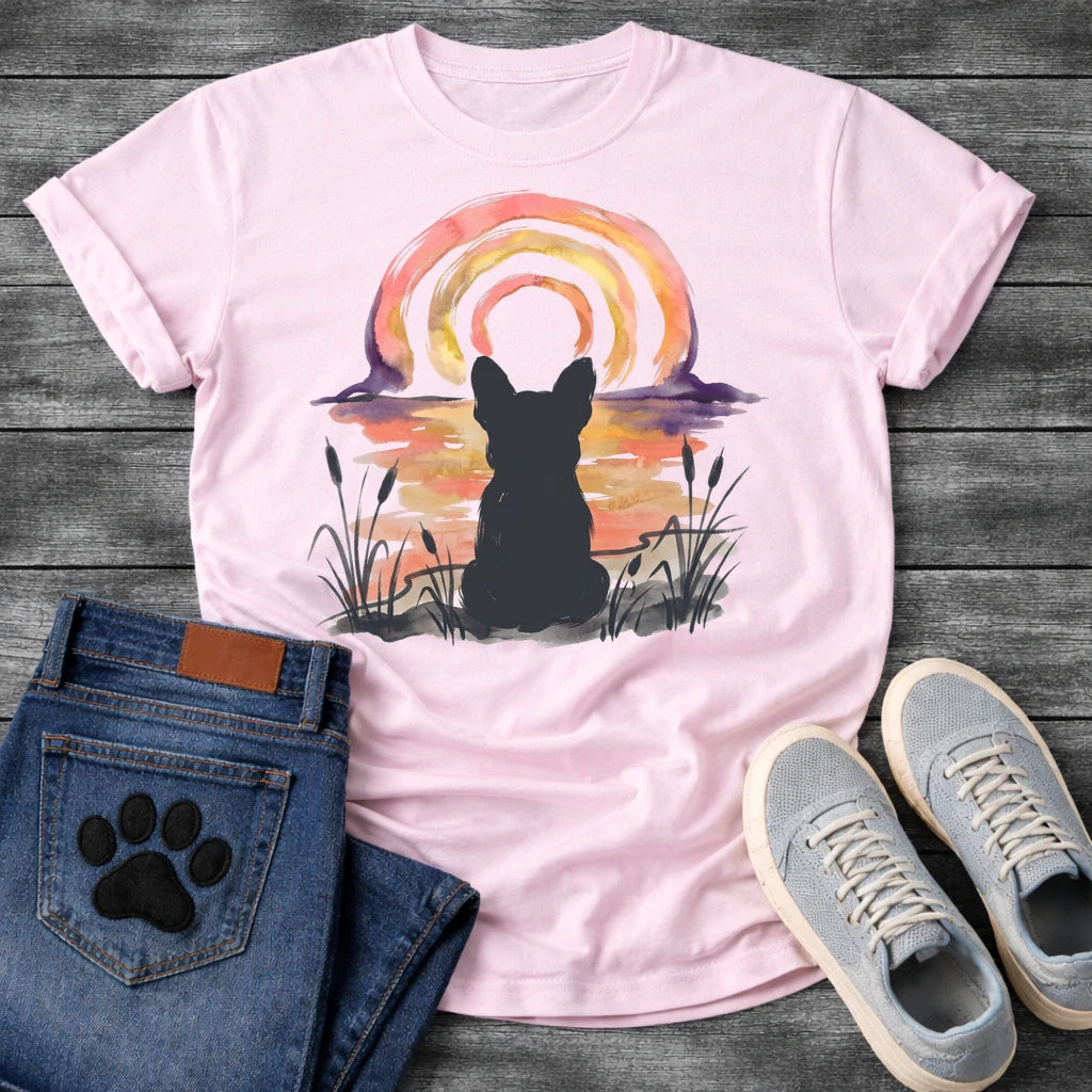 French Bulldog t-shirt with Frenchie silhouette seen from behind in ink wash cattails and grass, full watercolor sunset in coral gold and deep purple behind, loose concentric brushstroke rainbow arch above, no text painterly watercolor art graphic