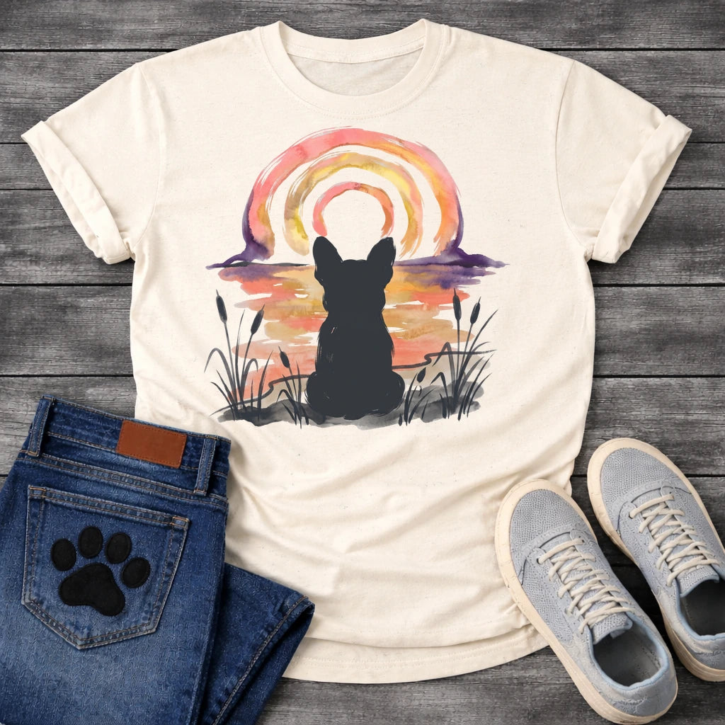 French Bulldog t-shirt with Frenchie silhouette seen from behind in ink wash cattails and grass, full watercolor sunset in coral gold and deep purple behind, loose concentric brushstroke rainbow arch above, no text painterly watercolor art graphic