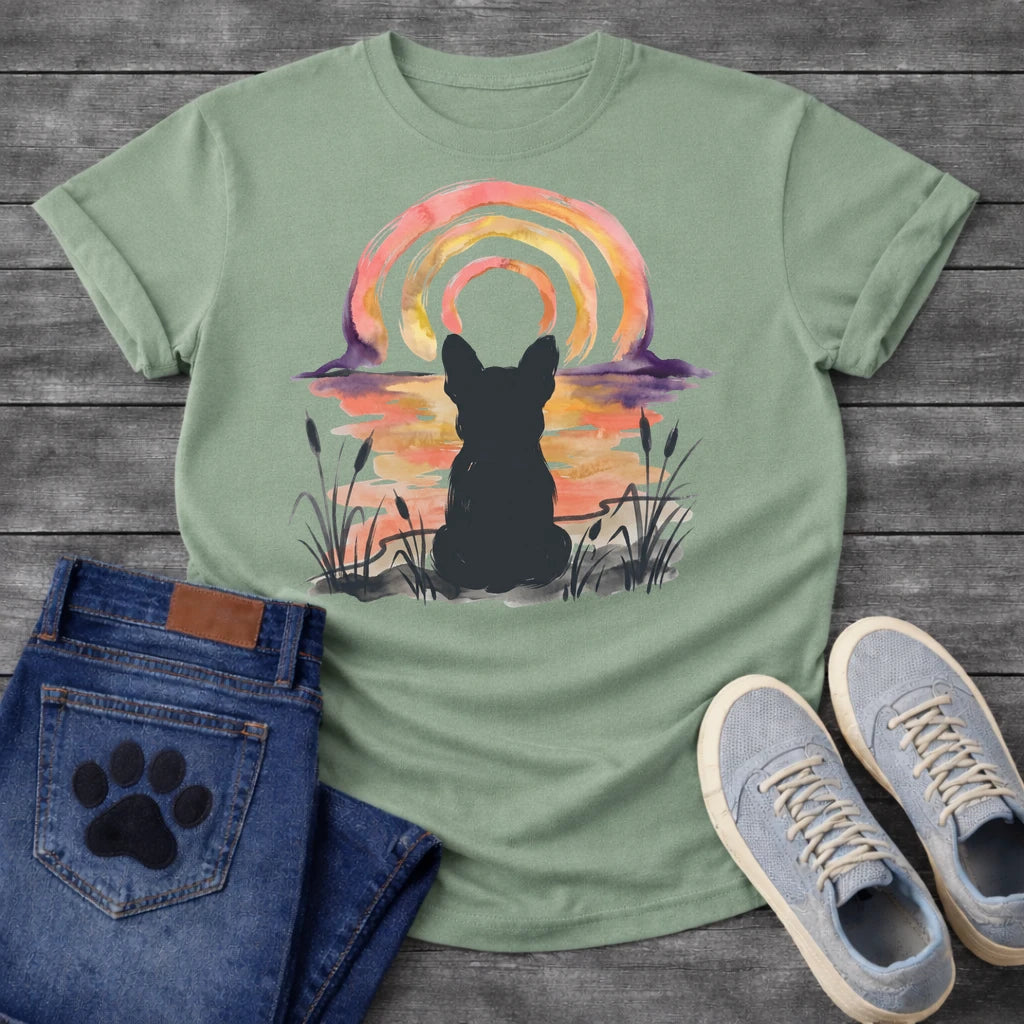 French Bulldog t-shirt with Frenchie silhouette seen from behind in ink wash cattails and grass, full watercolor sunset in coral gold and deep purple behind, loose concentric brushstroke rainbow arch above, no text painterly watercolor art graphic