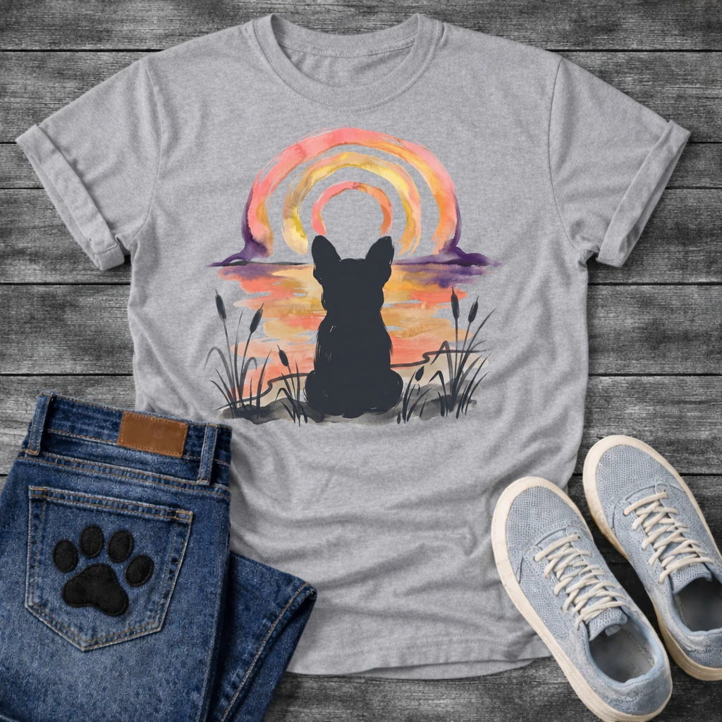 French Bulldog t-shirt with Frenchie silhouette seen from behind in ink wash cattails and grass, full watercolor sunset in coral gold and deep purple behind, loose concentric brushstroke rainbow arch above, no text painterly watercolor art graphic