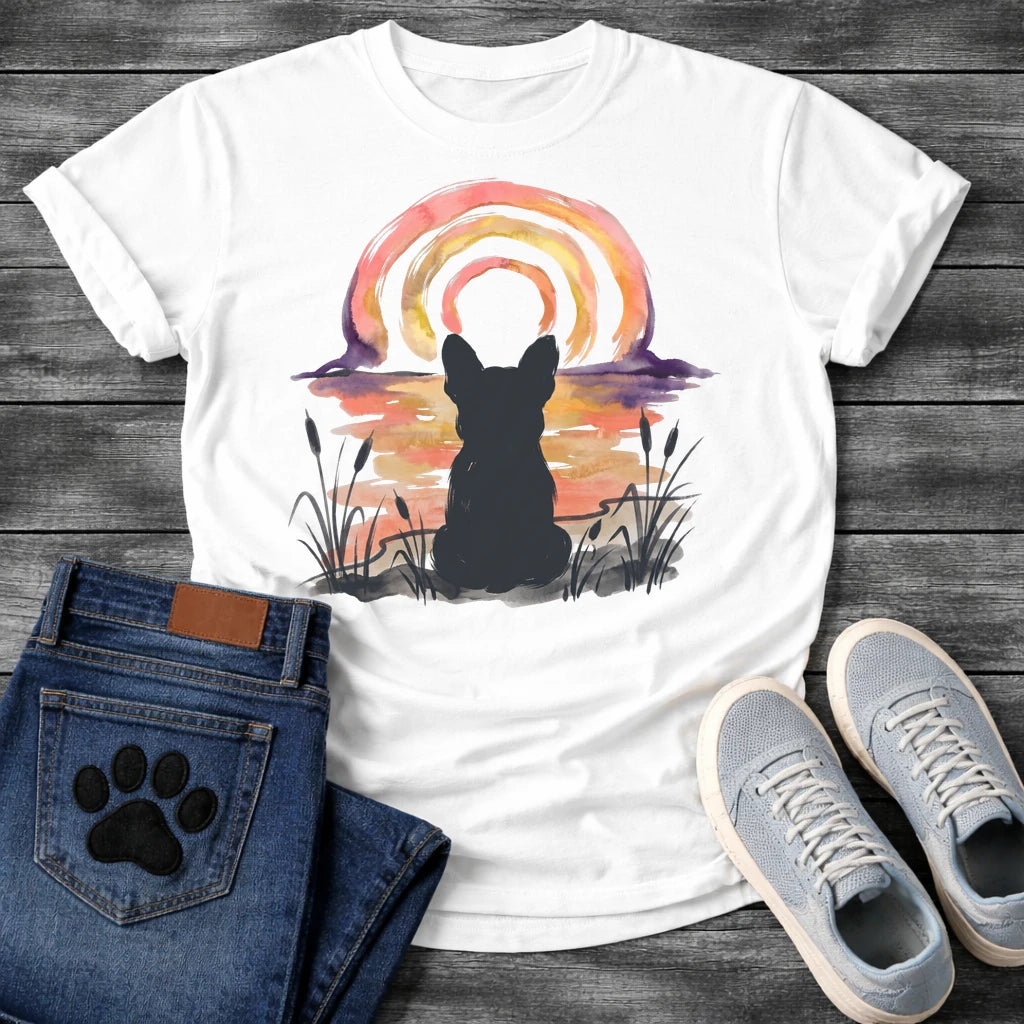 French Bulldog t-shirt with Frenchie silhouette seen from behind in ink wash cattails and grass, full watercolor sunset in coral gold and deep purple behind, loose concentric brushstroke rainbow arch above, no text painterly watercolor art graphic