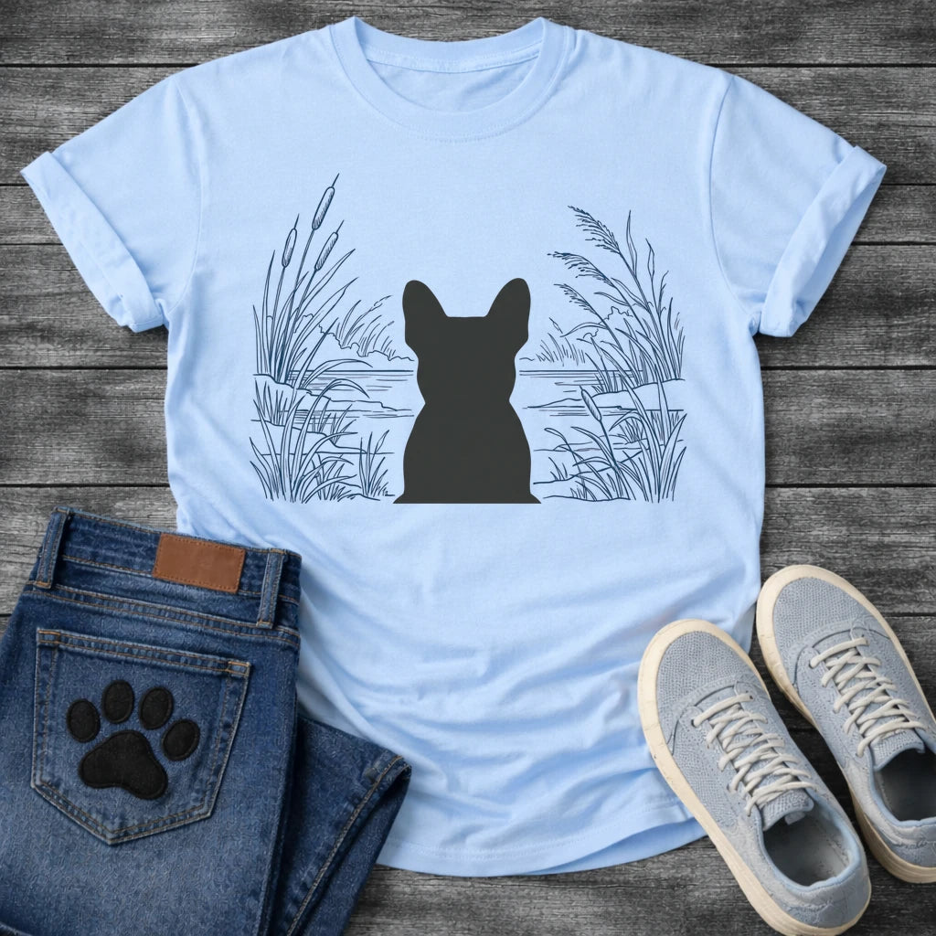 French Bulldog t-shirt with Frenchie silhouette seen from behind centered in a detailed navy line art botanical scene, cattails and tall reeds on either side, still water and distant shoreline ahead, no text refined nature illustration graphic

