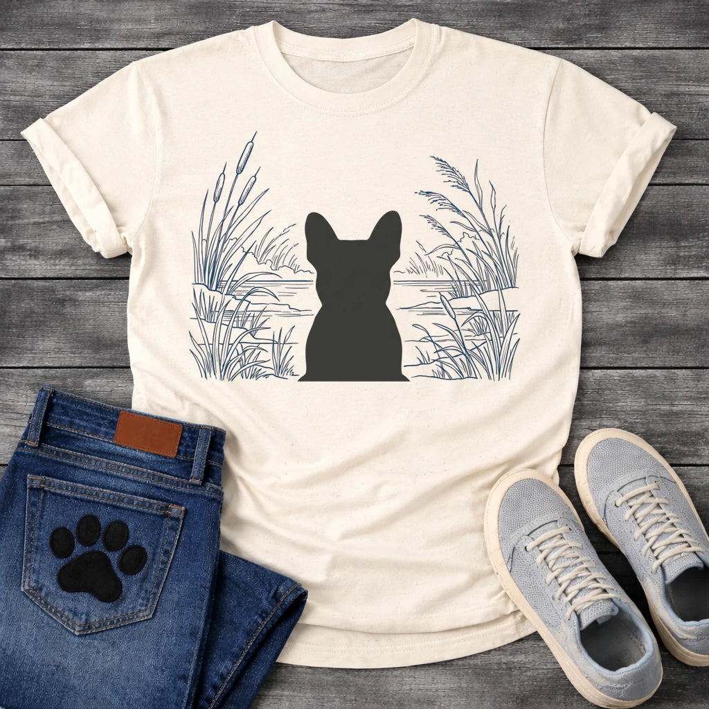 French Bulldog t-shirt with Frenchie silhouette seen from behind centered in a detailed navy line art botanical scene, cattails and tall reeds on either side, still water and distant shoreline ahead, no text refined nature illustration graphic
