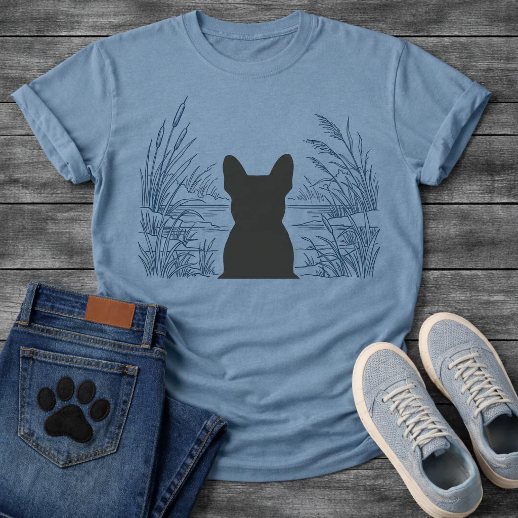 French Bulldog t-shirt with Frenchie silhouette seen from behind centered in a detailed navy line art botanical scene, cattails and tall reeds on either side, still water and distant shoreline ahead, no text refined nature illustration graphic
